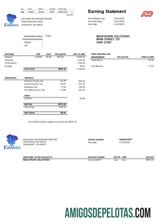 Para baixar modelo de conta de serviços públicos do USA Ohio Kalahari Waterpark Resort em formatos Word e PDF